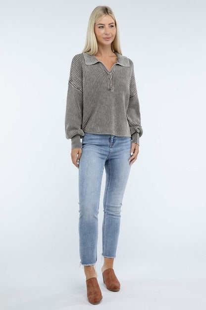 Washed Collared Henley Sweater - Driftwood Boutique