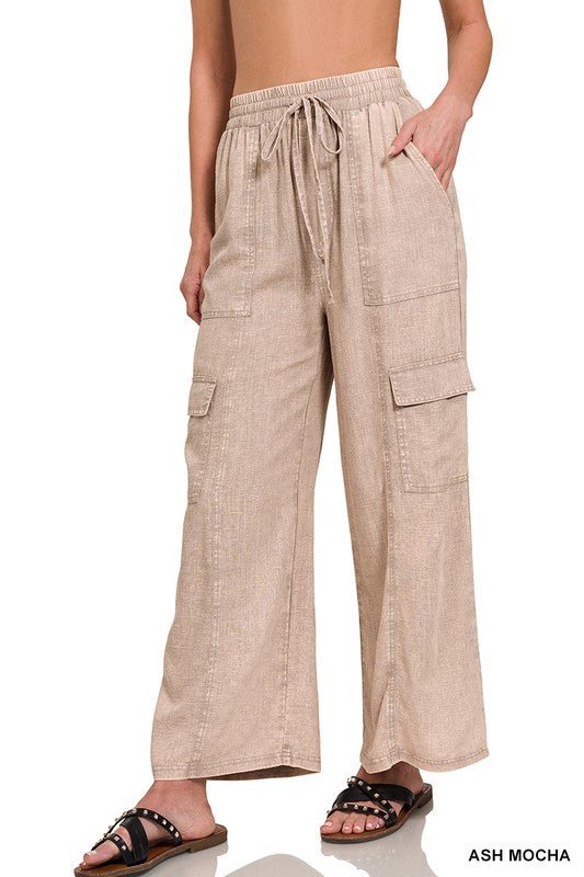 Washed Linen Elastic Band Waist Cargo Pants - Driftwood Boutique