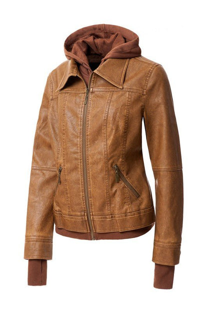 Women's Hood PU Leather Jacket - Driftwood Boutique