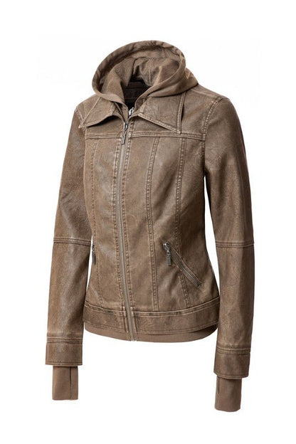 Women's Hood PU Leather Jacket - Driftwood Boutique