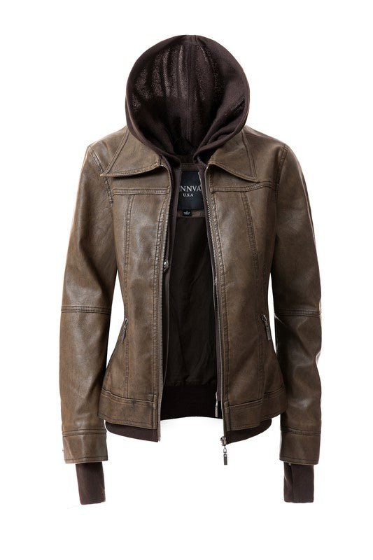 Women's Hood PU Leather Jacket - Driftwood Boutique