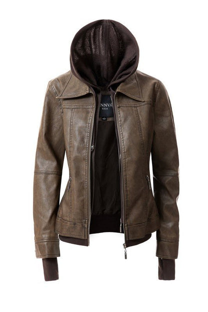Women's Hood PU Leather Jacket - Driftwood Boutique