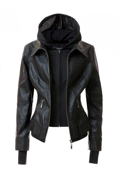 Women's Hood PU Leather Jacket - Driftwood Boutique