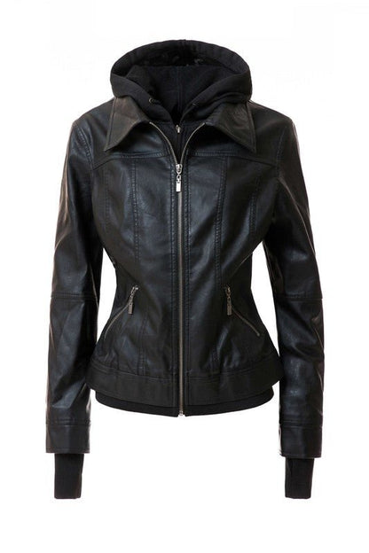 Women's Hood PU Leather Jacket - Driftwood Boutique