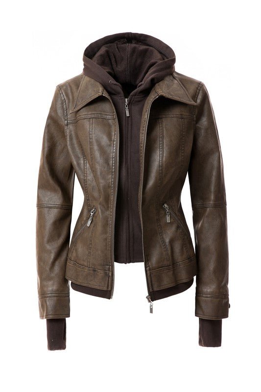 Women's Hood PU Leather Jacket - Driftwood Boutique