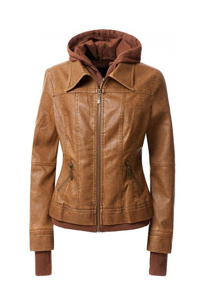 Women's Hood PU Leather Jacket - Driftwood Boutique