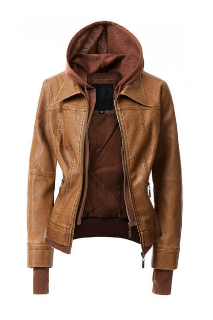 Women's Hood PU Leather Jacket - Driftwood Boutique