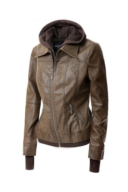 Women's Hood PU Leather Jacket - Driftwood Boutique