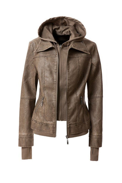 Women's Hood PU Leather Jacket - Driftwood Boutique