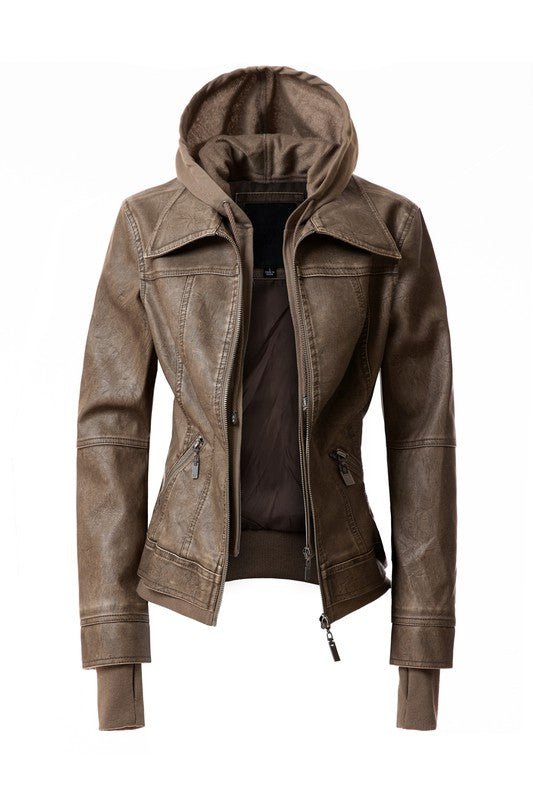Women's Hood PU Leather Jacket - Driftwood Boutique
