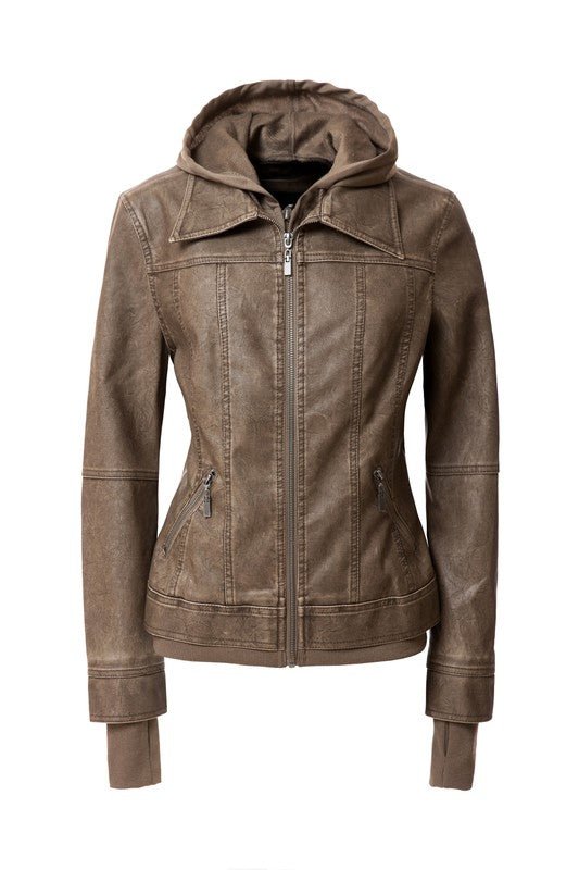 Women's Hood PU Leather Jacket - Driftwood Boutique