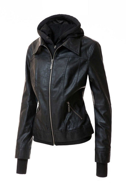 Women's Hood PU Leather Jacket - Driftwood Boutique