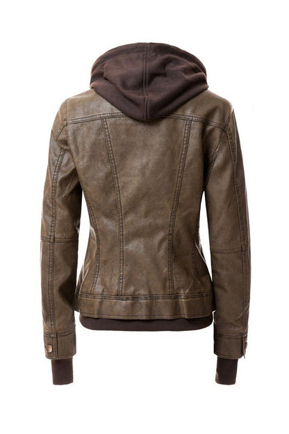 Women's Hood PU Leather Jacket - Driftwood Boutique