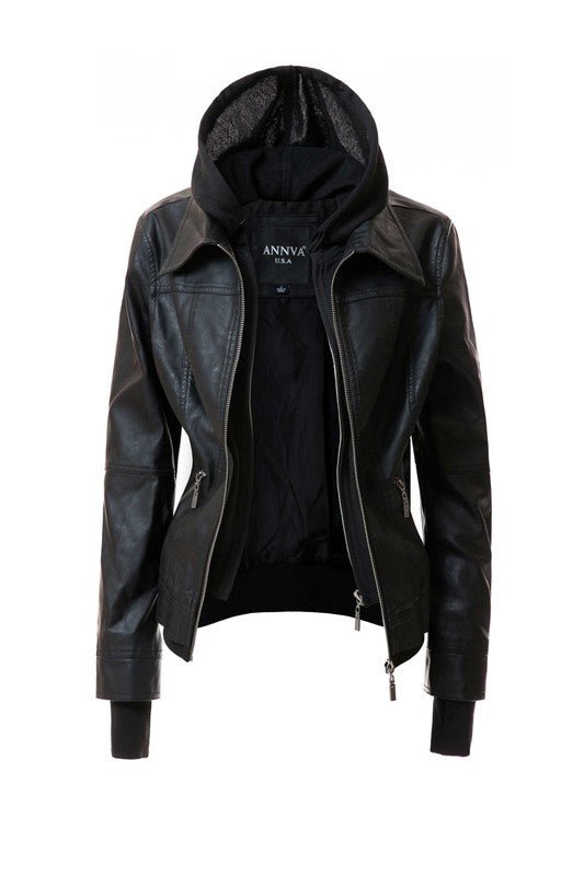 Women's Hood PU Leather Jacket - Driftwood Boutique