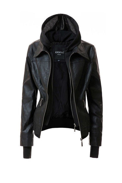 Women's Hood PU Leather Jacket - Driftwood Boutique