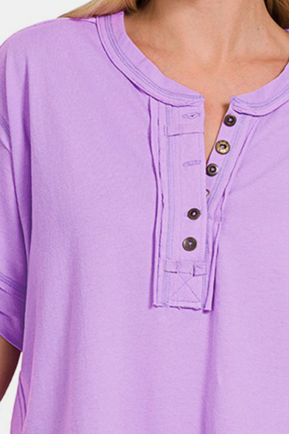 Zenana Exposed Seam Half Button Short Sleeve Top - Driftwood Boutique