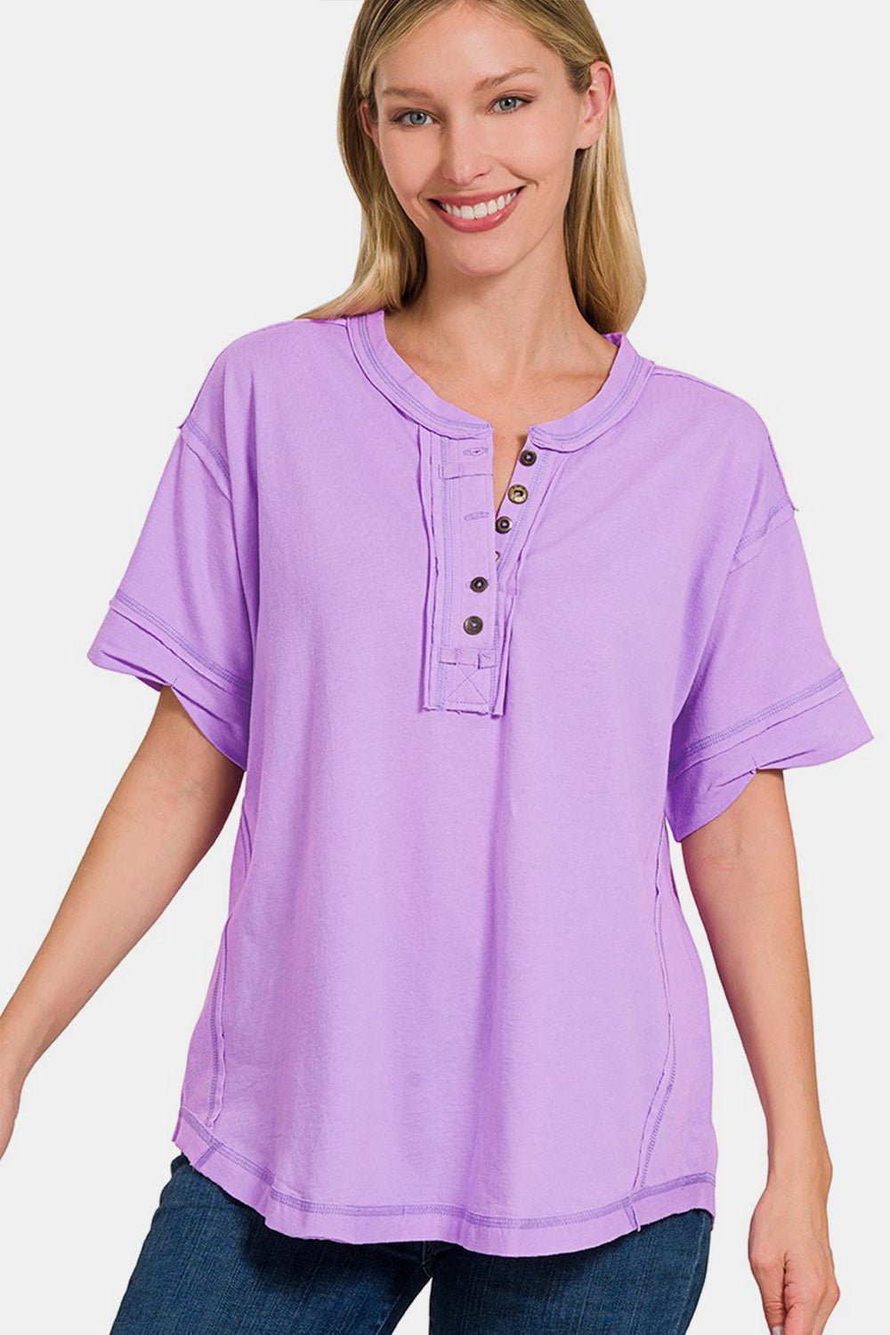 Zenana Exposed Seam Half Button Short Sleeve Top - Driftwood Boutique