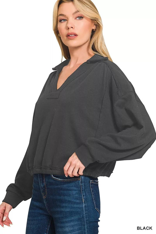 Zenana French Terry Collared Exposed Seam Sweatshirt - Driftwood Boutique
