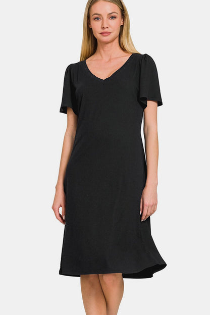 Zenana V - Neck Short Sleeve Dress - Driftwood Boutique