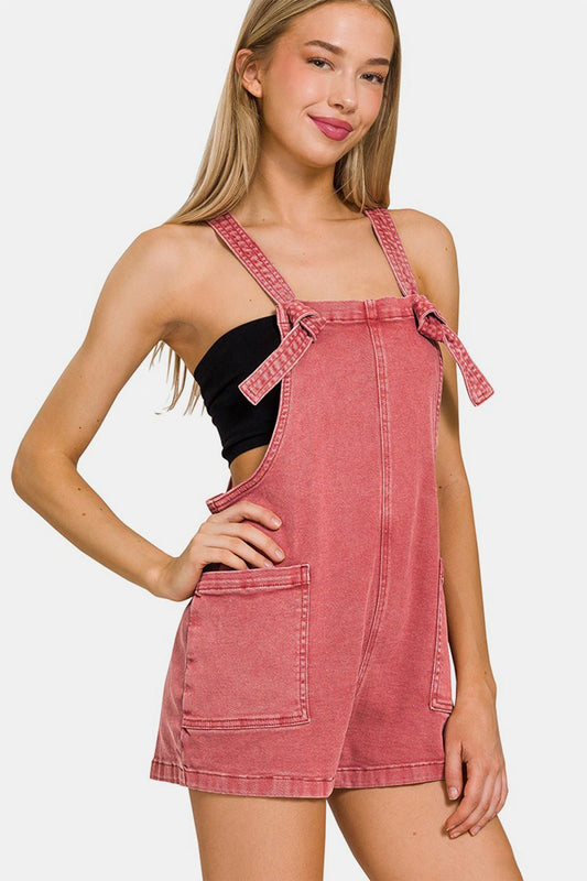 Zenana Washed Knot Strap Rompers - Driftwood Boutique