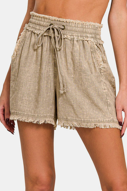 Zenana Washed Linen Frayed Hem Drawstring Shorts - Driftwood Boutique