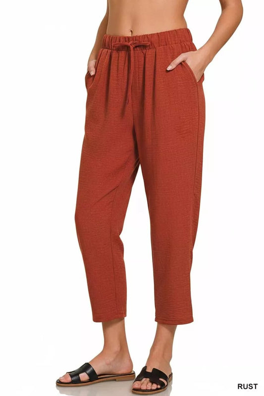 Zenana Woven Crepe Elastic Band Waist Pants - Driftwood Boutique