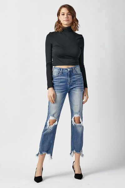 Cody High Rise Frayed Hem Distressed Cropped Straight Jeans