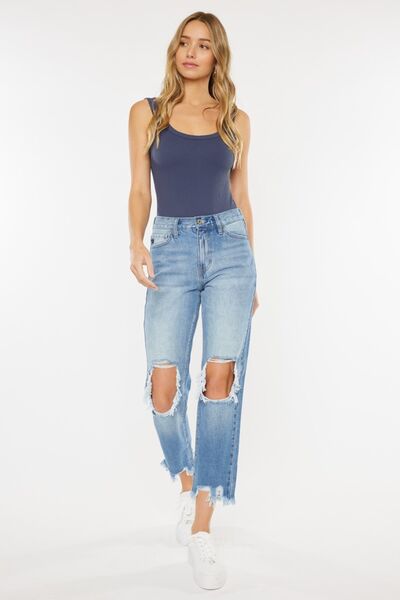 Blake High Waist Chewed Hem Straight Mom Jeans