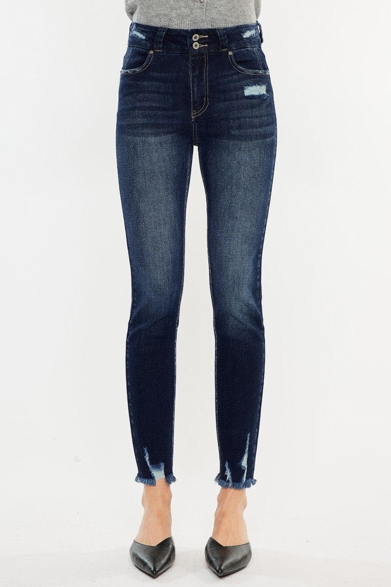 Shiloh High Rise Double Button Distressed Skinny Jeans