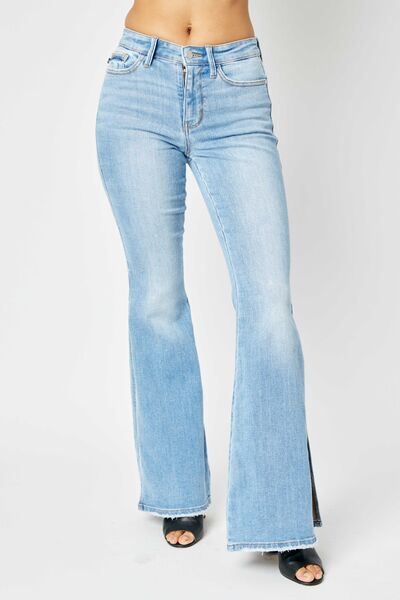 Lily Mid Rise Raw Hem High Slit Flare Jeans