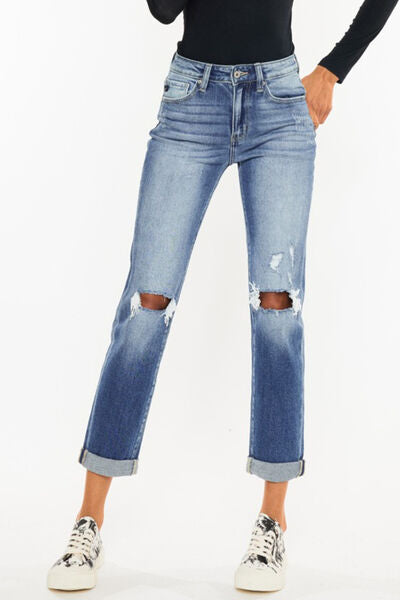 Rebel High Waist Distressed Hem Detail Cropped Straight Jeans