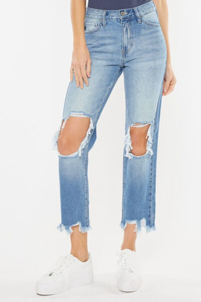 Blake High Waist Chewed Hem Straight Mom Jeans