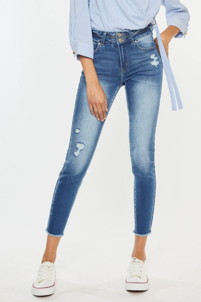 Shayne High Rise Double Button Distressed Raw Hem Skinny Jeans