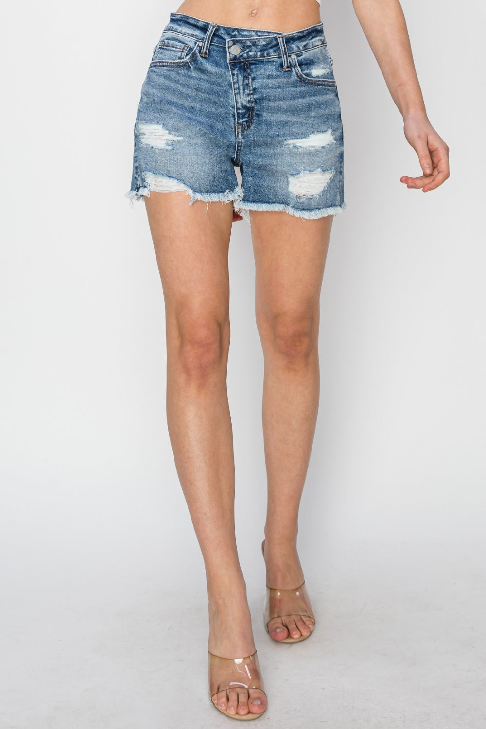 Valerie Crossover Waist Frayed Hem Denim Shorts