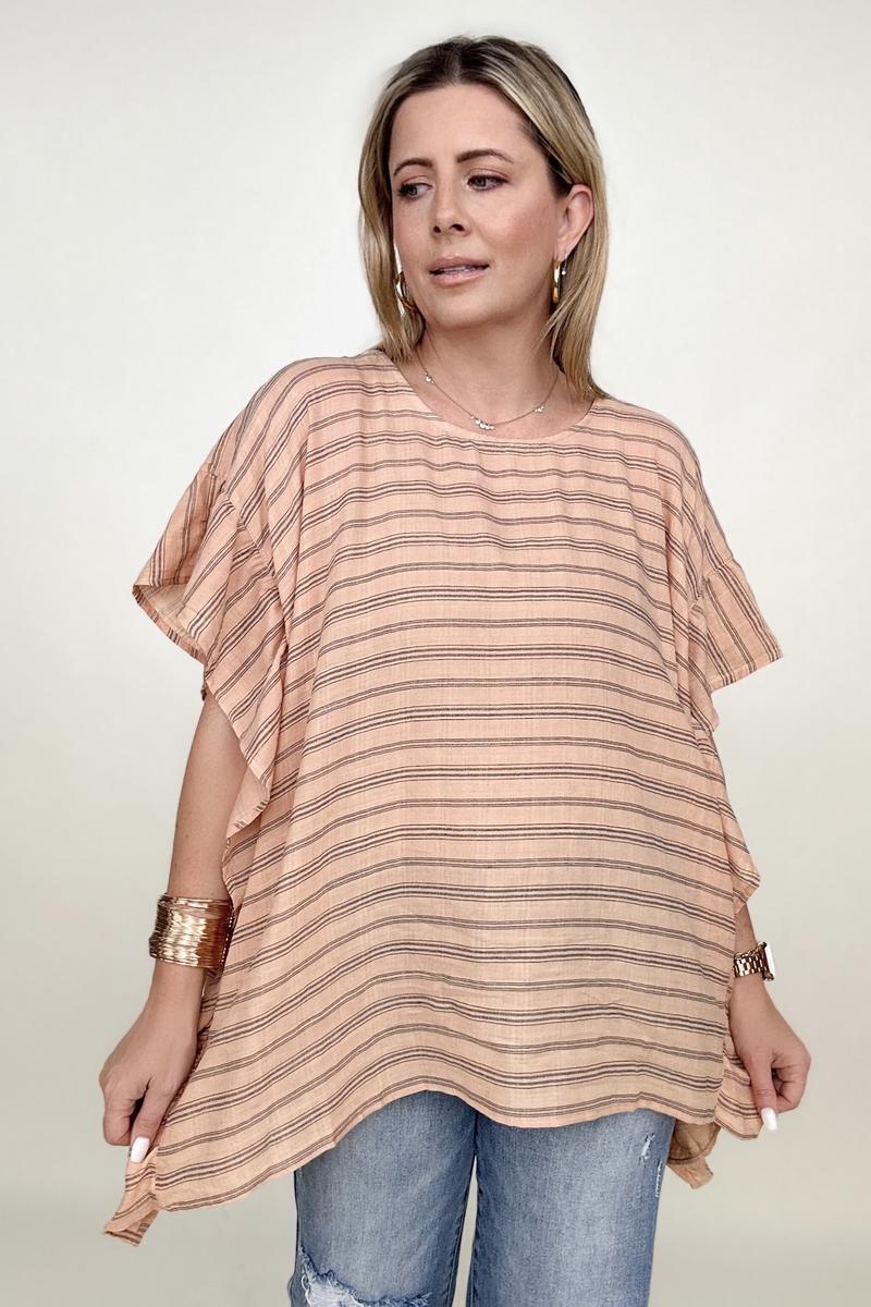 Cotton Bleu Stripped Ruffle Sleeve Kimono Top