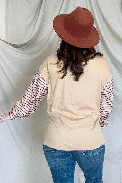 Round Neck Colorblock Striped Bishop Sleeve Top