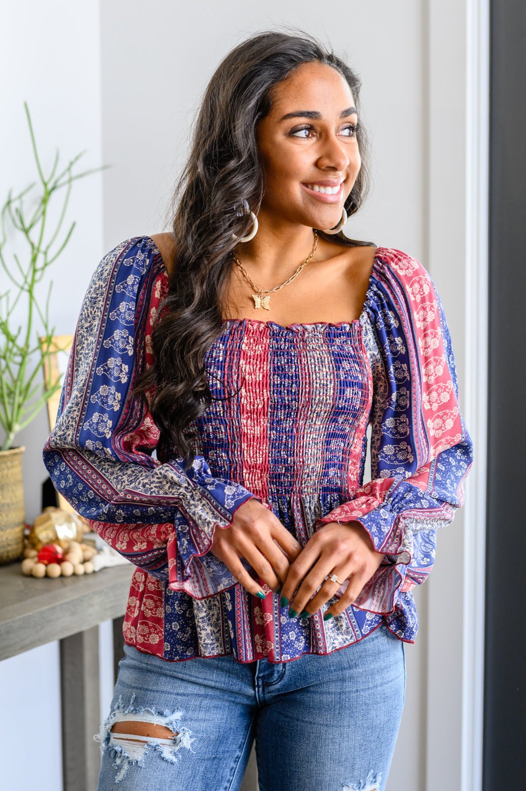 Afternoon Tea Smocked Long Sleeve Blouse - Driftwood Boutique