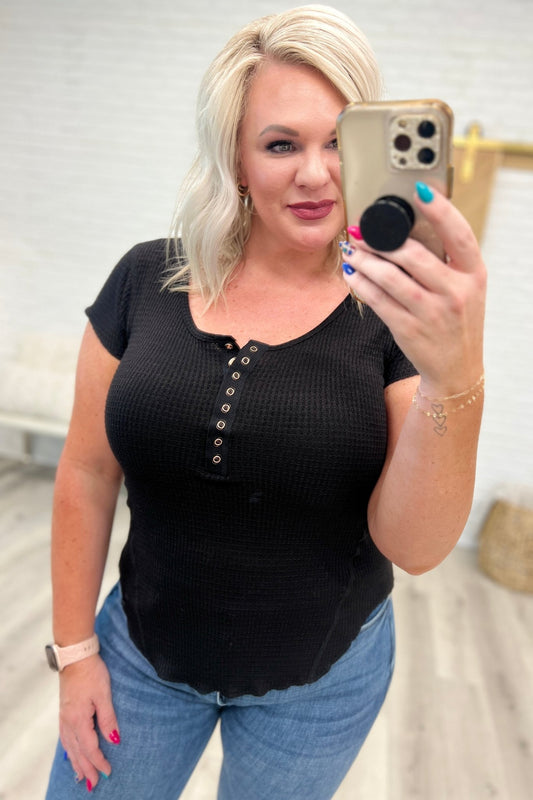 Baby Waffle Cap Sleeve Henley in Black - Driftwood Boutique