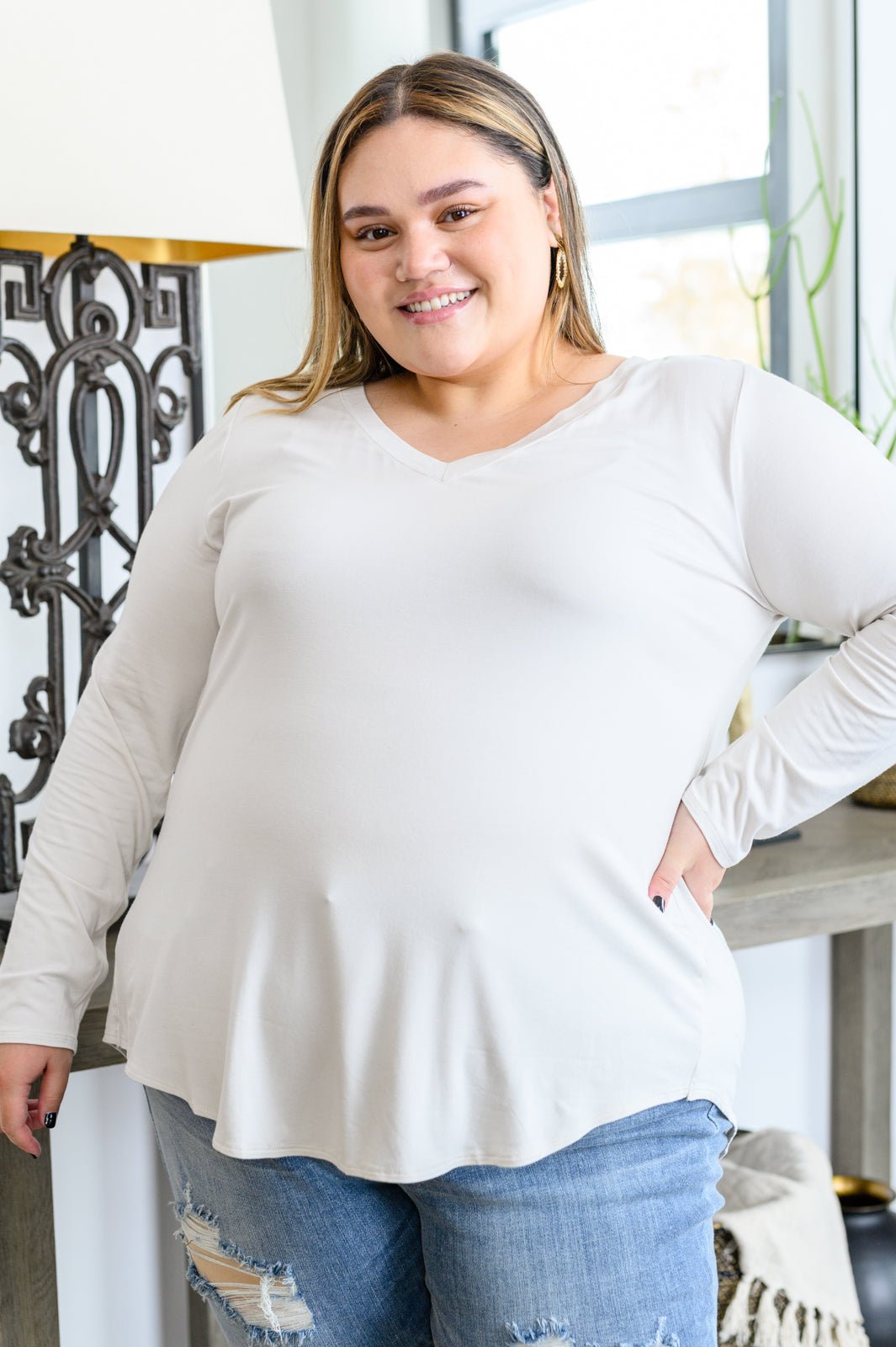 Basics Are Best Long Sleeve V-Neck Top in Bone - Driftwood Boutique