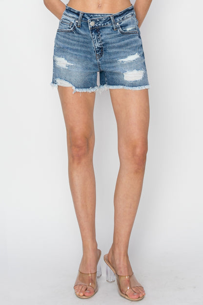 Valerie Crossover Waist Frayed Hem Denim Shorts