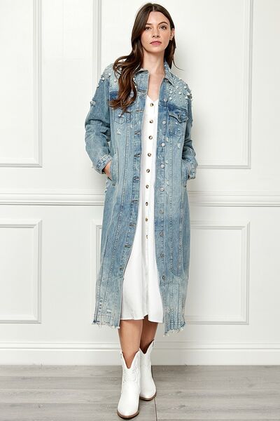 Kelsie Full Length Raw Hem Pearl Detail Button Up Jacket