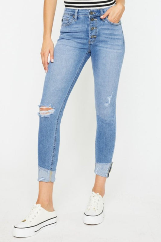 Serena High Rise Distressed Button Fly Skinny Jeans