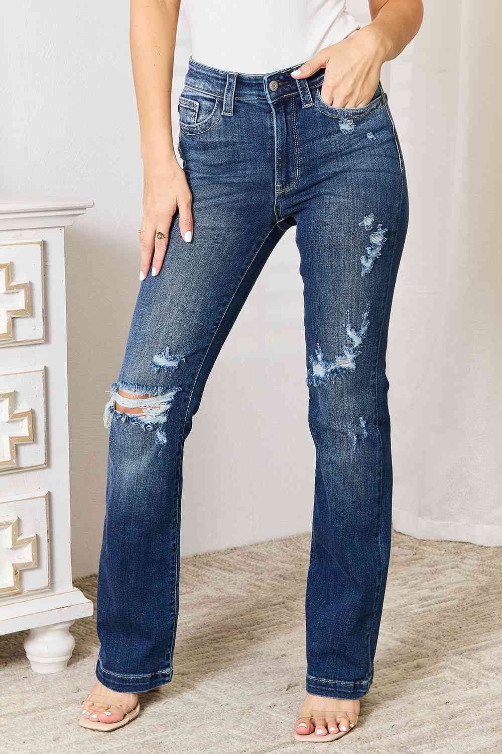 Avery Mid Rise Hand-Sanded Distressed Bootcut Jeans