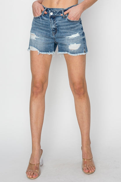 Valerie Crossover Waist Frayed Hem Denim Shorts