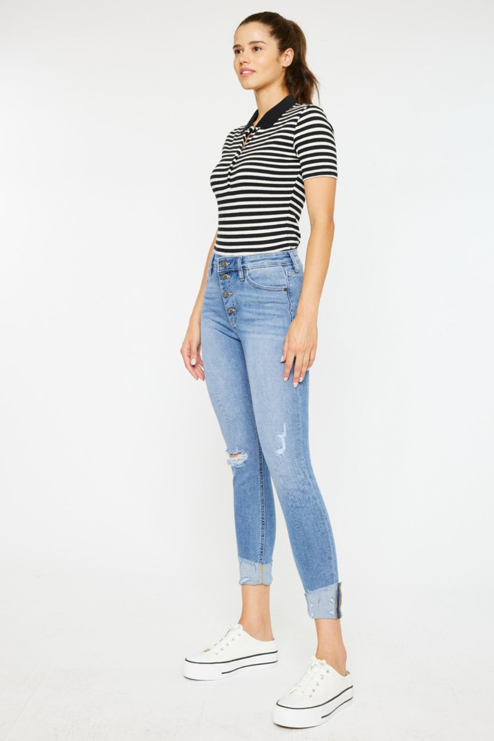 Serena High Rise Distressed Button Fly Skinny Jeans