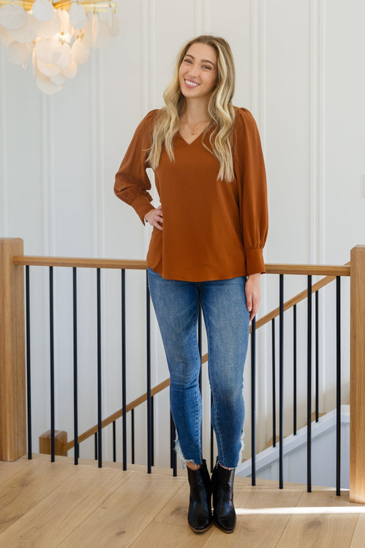 Enjoy This Moment V Neck Blouse In Toffee - Driftwood Boutique