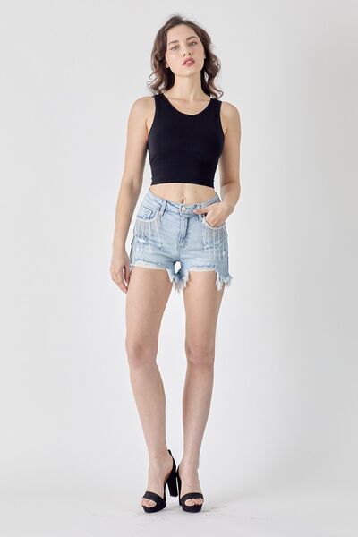 Carlee Frayed Hem Rhinestone Denim Shorts