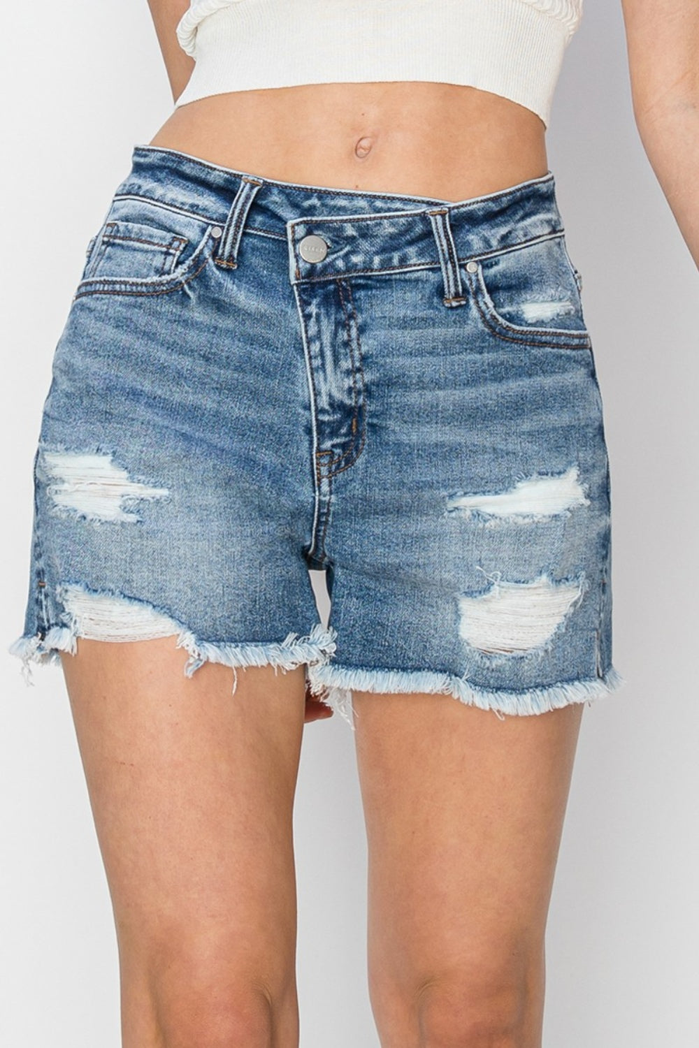 Valerie Crossover Waist Frayed Hem Denim Shorts