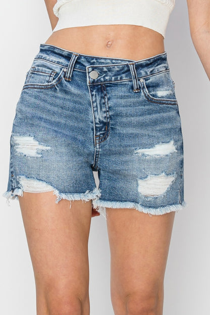 Valerie Crossover Waist Frayed Hem Denim Shorts