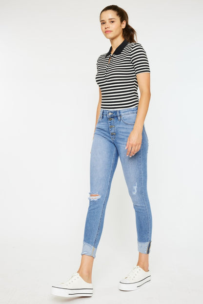 Serena High Rise Distressed Button Fly Skinny Jeans